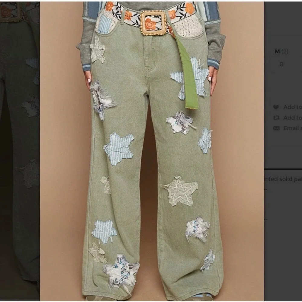 POL Sage Green Patchwork Star‎ Straight Wide Leg Jeans Small Boho Festival Pants